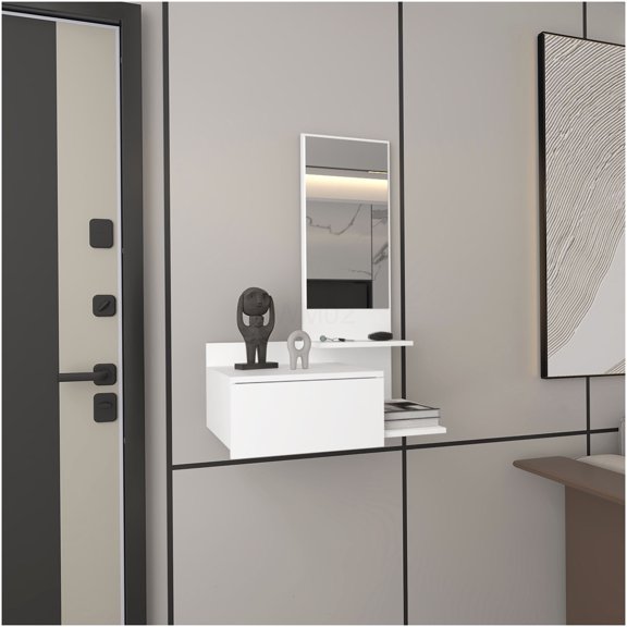 White Floating Hallway Cabinet with Mirror, 1 Drawer and 3 Open Shelves for Entryway Storage