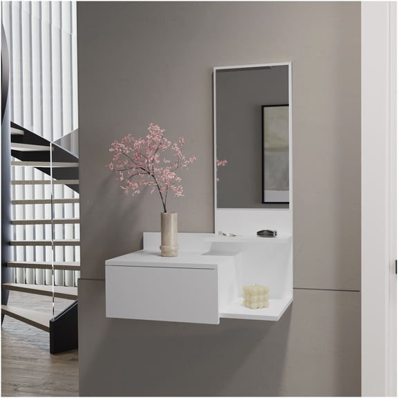 White Floating Hallway Cabinet with Mirror and Drawer, Space Saving Wall Mounted Storage Organizer for Entryway, Living Room