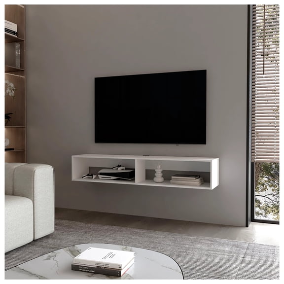 White Floating Media Rack with 2 Shelves, Wall Mounted TV Stand, 60-69"