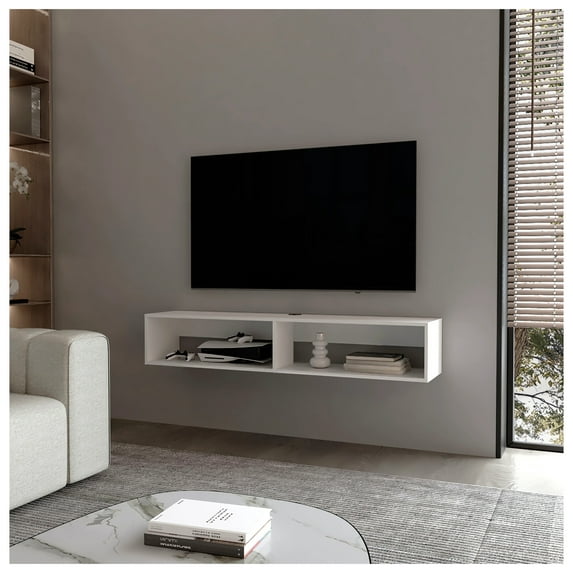 White Floating Media Rack with 2 Shelves, Wall Mounted TV Stand, 60-69"