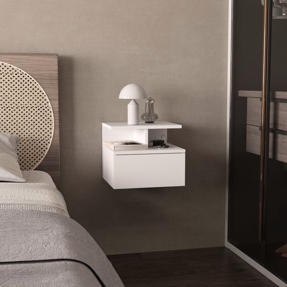 White Floating Nightstand with 1 Drawer | Helps with Bedroom Storage | Constructed from Wood for Durable Structure | Resolves Problem of Cluttered Bedside Area