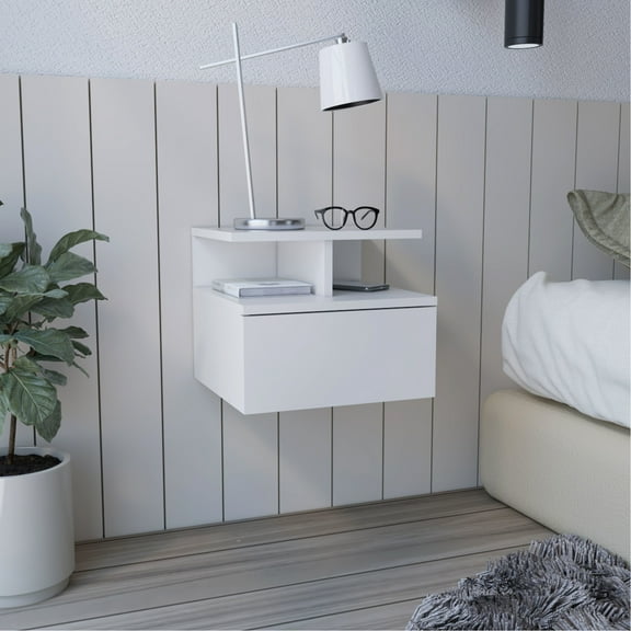 White Floating Nightstand With 1 Drawer - Organized Space , Quality Particle Board, Suits Various Room Settings, , For Neat Placement, Strong Complements Any Aesthetic, Saver