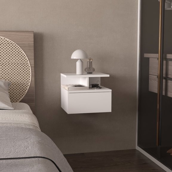 White Floating Nightstand, 1 Drawer / Save Bedroom Floor Space