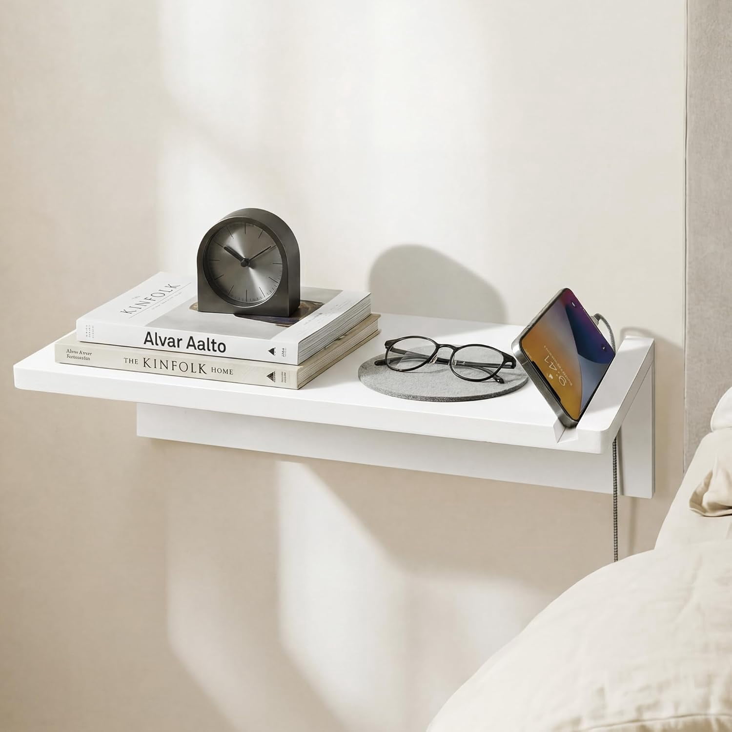 16" White Floating Nightstand, Modern Solid Pine Wood Wall Mounted Bedside Table with Phone Slot, Cord Management, Floating Shelves for Bedroom Dorm