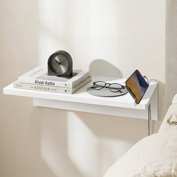 16" White Floating Nightstand, Modern Solid Pine Wood Wall Mounted Bedside Table with Phone Slot, Cord Management, Floating Shelves for Bedroom Dorm