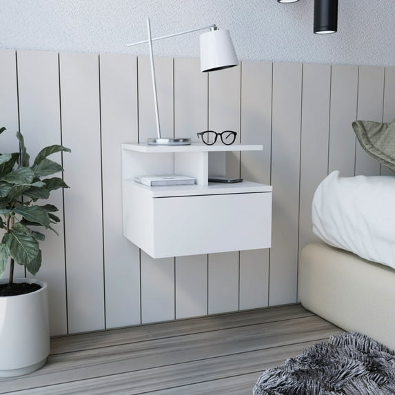 White Floating Nightstand With 1 Drawer - Compact Space Saver Drawer, Particle Board, Suits Different Room Decor Ideas, Storage Solution, ,