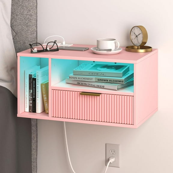 White Floating Nightstand with Charging Station and LED Lights,White