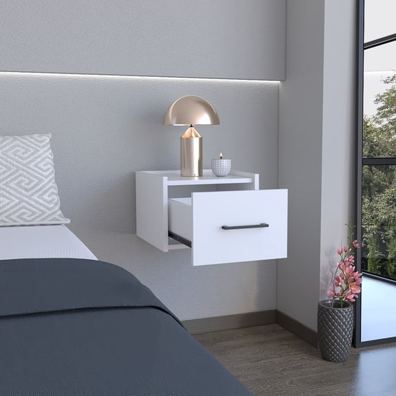 White Floating Nightstand with Drawer & Surface, Space-Saving Wall-Mounted Bedside Table, Modern End Table for Bedroom