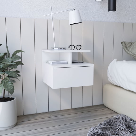 White Floating Nightstand with Single Drawer / Suitable for Any Home Style