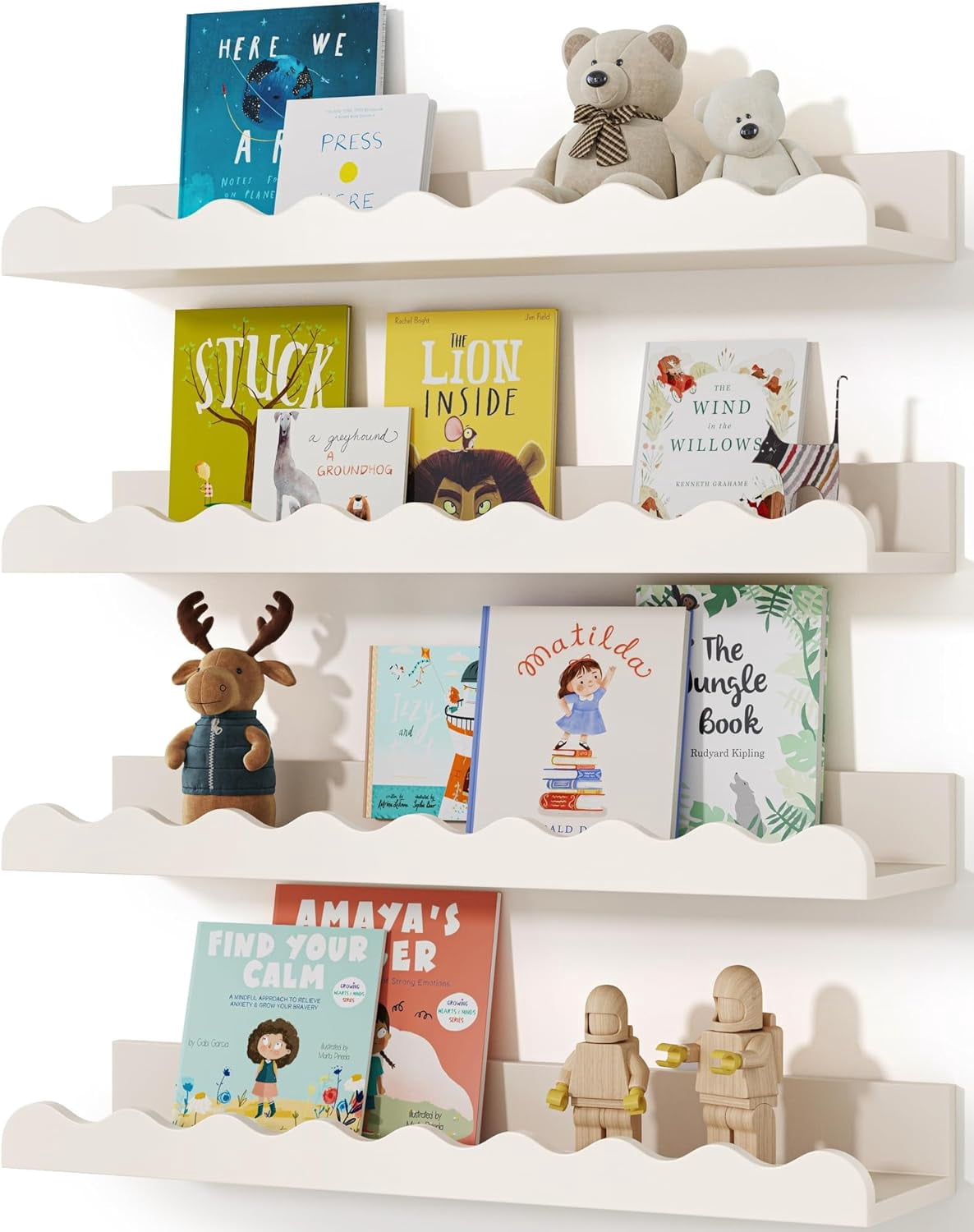 White Floating Nursery Book Shelves, Kids' Bookshelf Set Of 4, Picture ...