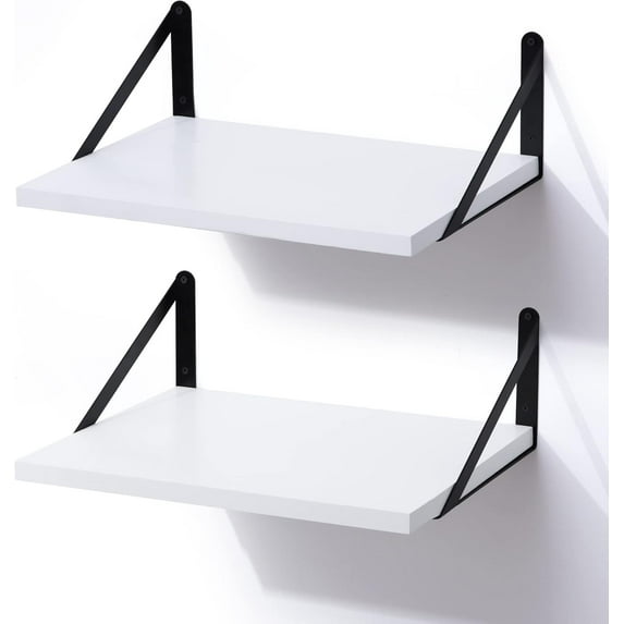 White Floating Shelves, 12 Inch Deep Wall Mounted Shelves Set of 2, Modern Style Solid Wood Shelves for Wall Decor Storage Shelves for Kitchen Bathroom Bedroom Living Room