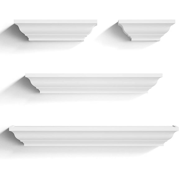 White Floating Shelves, 24 Inch Solid Wood Storage Wall Shelves Set of 4 Display Ledge Shelves Decor for Bedroom, Living Room, Bathroom, Kitchen - White