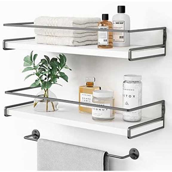 White Floating Shelves for Bathroom Organizer Over Toilet, Bathroom Shelves Wall Mounted with Towel Rack, Corner Wall Shelf for Bedroom Decor Kitchen Storage (White-Dark Grey, Set of 2)