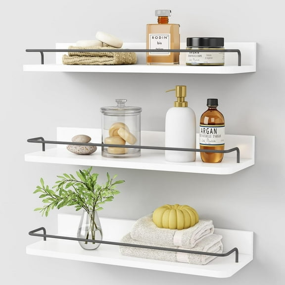 White Floating Shelves Bathroom Shelves Over Toilet Set of 3, Bathroom Organizers and Storage Shelves Wall Mounted, Modern  Corner Wall Shelf for Bedroom Closet -White and Dark Grey