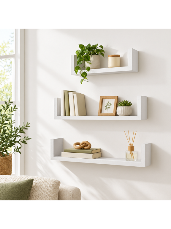 White Floating Shelves Set Of 3 Solid Wood Wall Mounted