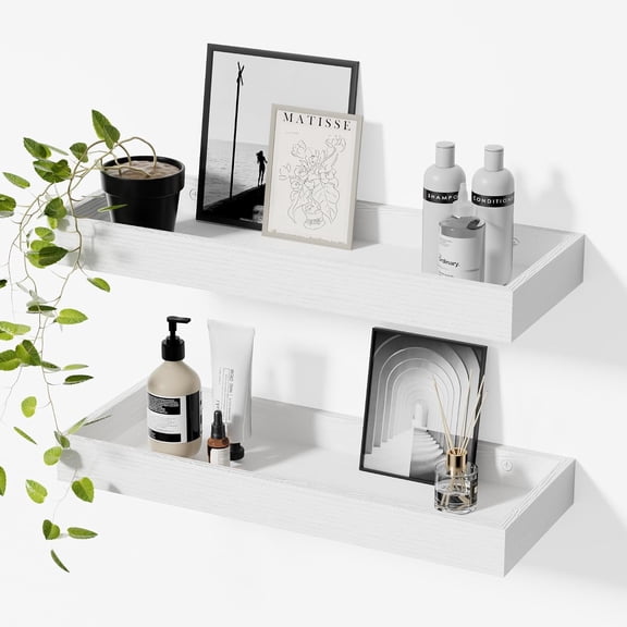 White Floating Shelves Set of 2, 15.7'' Wall Mounted Shelves for Bathroom Over Toilet, Decor Display,Small Wall Shelf with Raised Lip