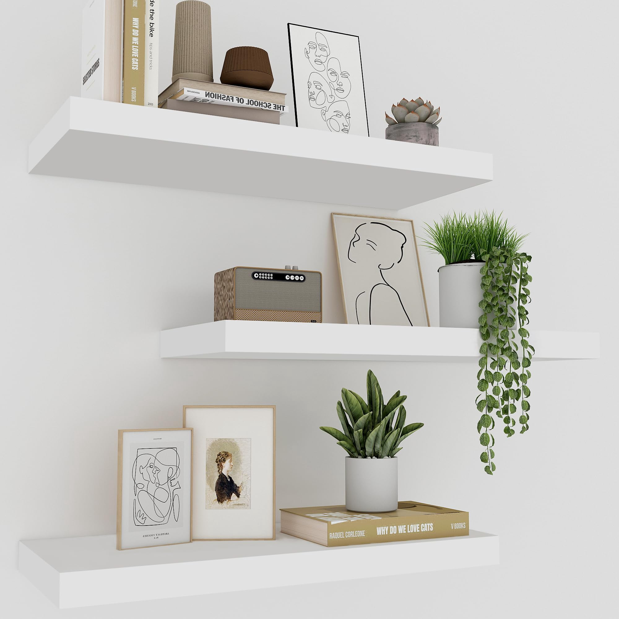 White Floating Shelves Set of 3, 16 Inch Wall Mounted Shelves for Home