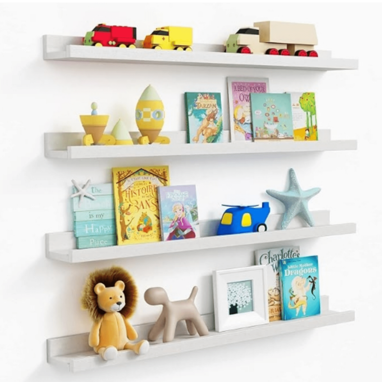 White Floating Shelves for Wall 36 Inches Long Set of 4, Large Wall Bookshelf for Kids Bedroom, Picture Ledge Shelf for Living Room Photo Frame, Wood Hanging Nursery Book Shelves