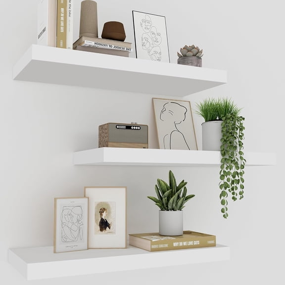 White Floating Shelves - Set of 3, 16" Wall Mounted Shelves for Home Decor, Living Room, Bedroom, Bathroom, Kitchen