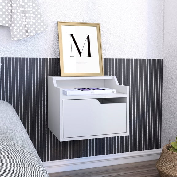 White Floating Side Table | Wall-Mounted Design, Discrete Drawer Storage | Laminated Particle Board Material | Solves Aesthetic and Storage Demands