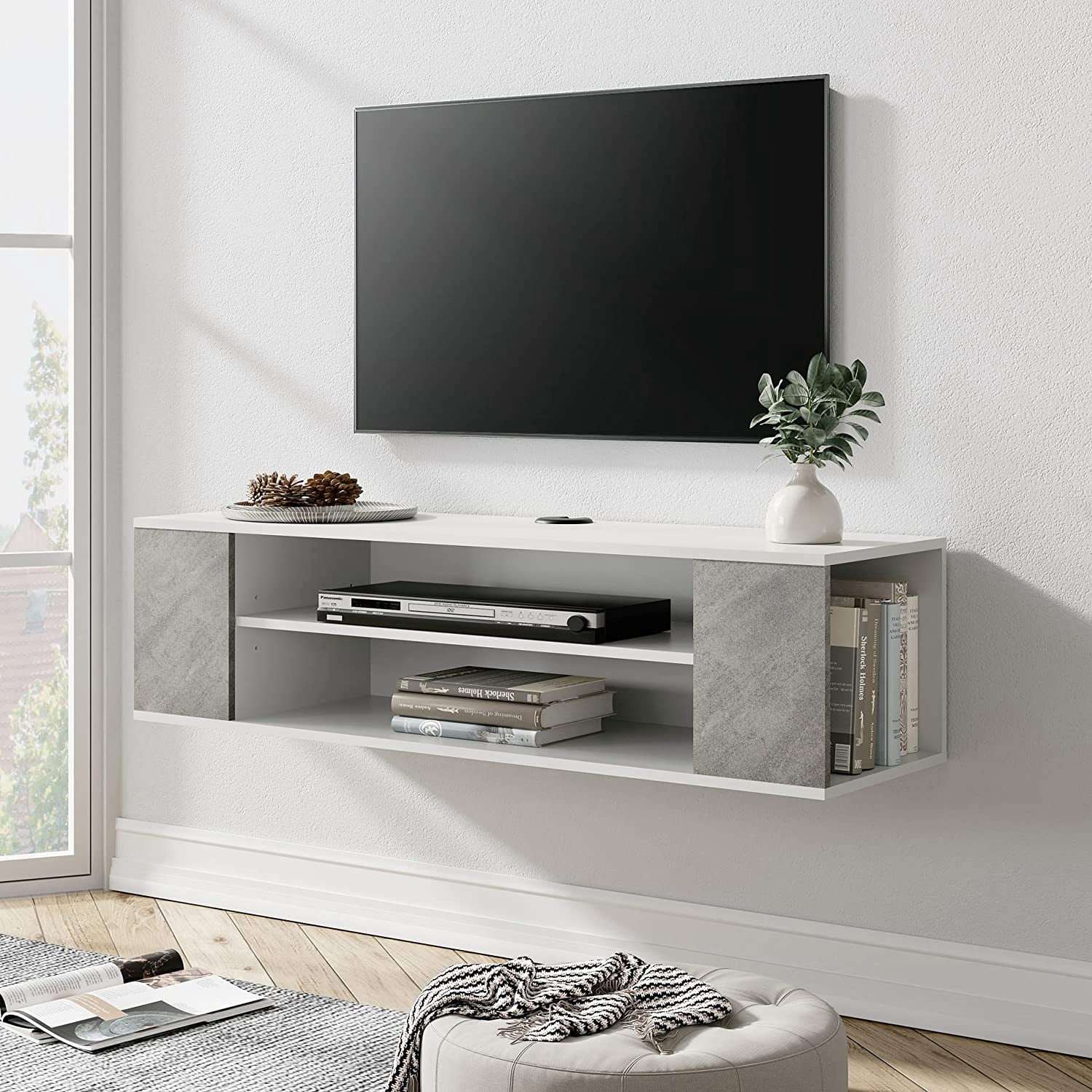White Floating TV Stand Wall Mounted Shelf Entertainment Center ...