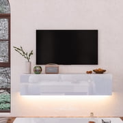 White Floating TV Stand With LED Lighting, Wall Mounted Media Console For