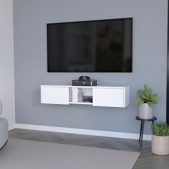 White Floating TV Stand with 2 Doors / Create a Sleek Appearance in Living Area