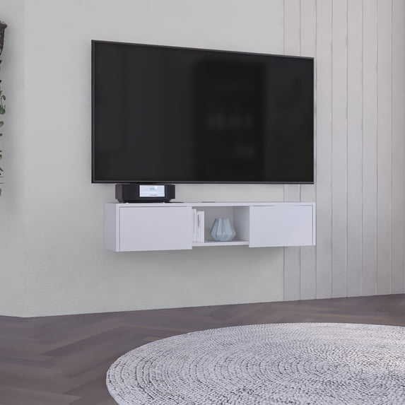 White Floating TV Stand with Central Shelf and Cable Management / Clean Look for 50 - 59 Inch TVs