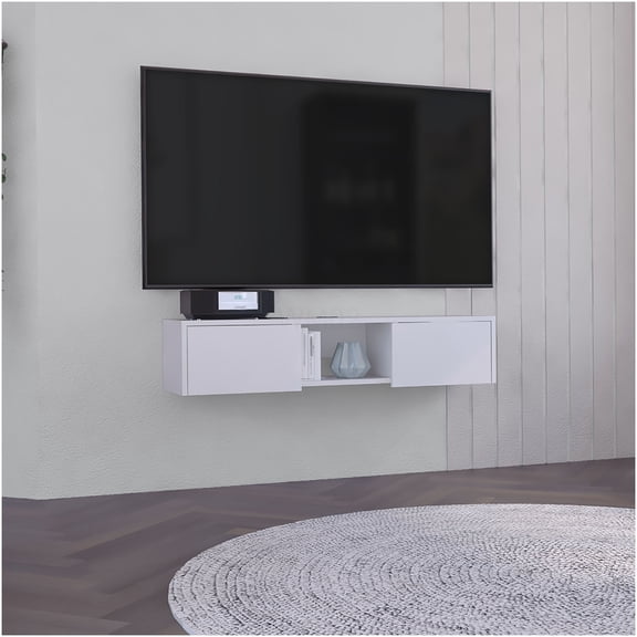 White Floating TV Stand with Side Cabinets & Media Shelf, Modern Entertainment Center