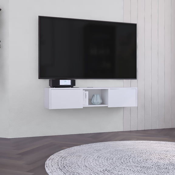 White Floating TV Stand with Side Doors and Shelf / Wall Mount to Maximize Space