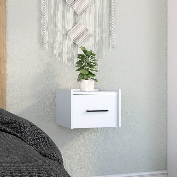 White Floating Table With Drawer For Bedroom - Space Saving Design