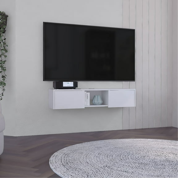 White Floating Tv Stand, Side Doors & Central Media Shelf, 50-59 Inch Compatible, Modern Style, Engineered Wood Material Stand In White, Storage For 50 - 59 Tvs,