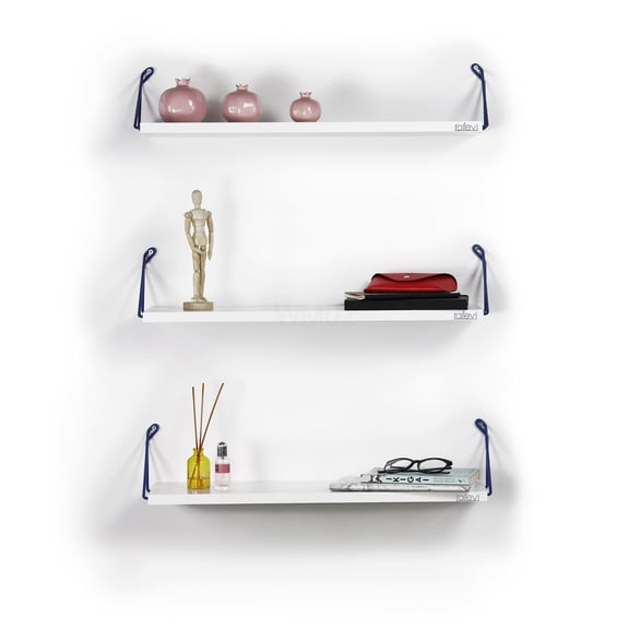 White Floating Wall Shelf with Blue Brackets, Rustic Solid Wood Triple Shelves for Books and Display