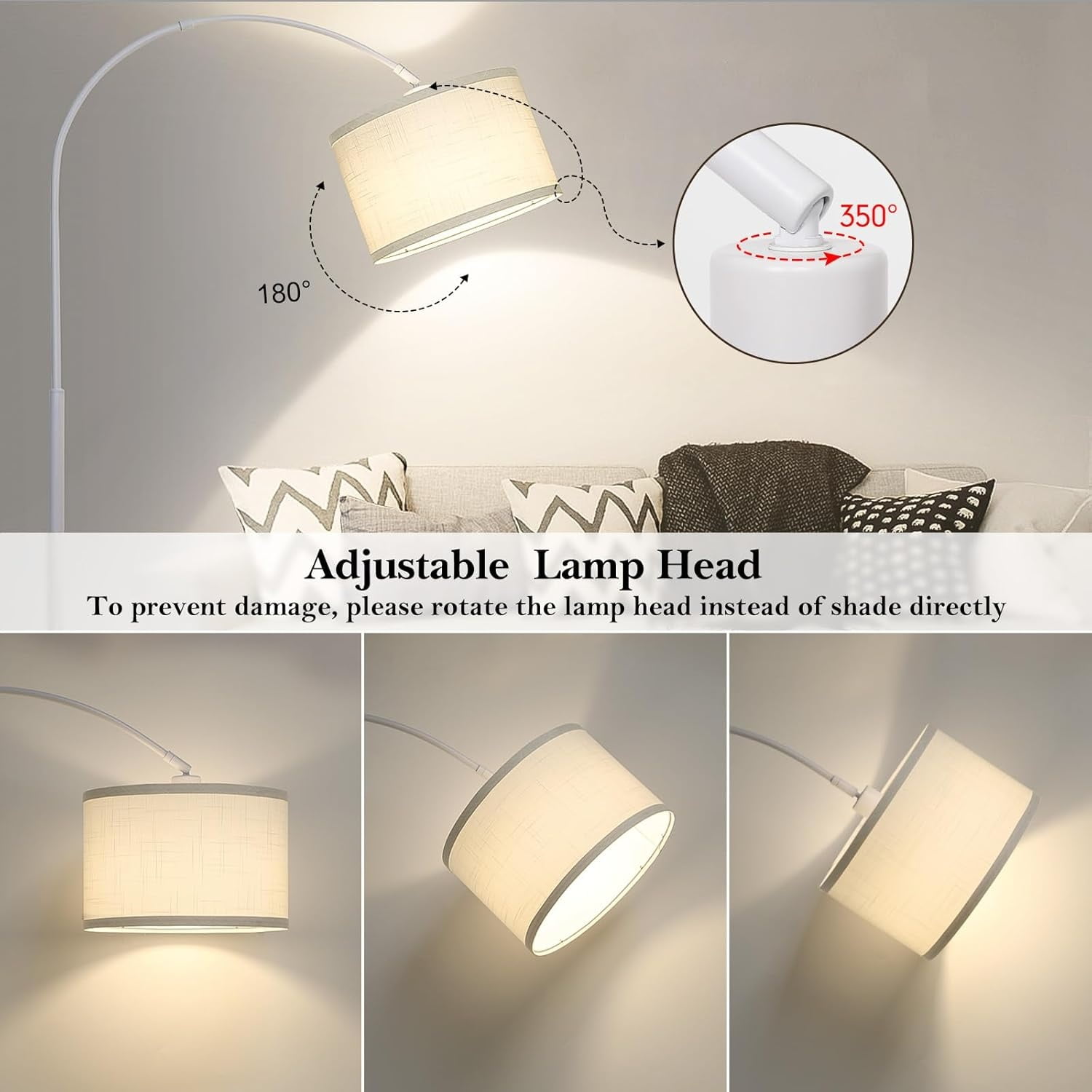 White Floor Lamp, Modern Floor Lamp for Living Room with Adjustable Lamp Head, Tall Pole Standing Lamp with On/Off Pedal Switch, Over Couch Reading Light for Bedroom, Office, Study Room