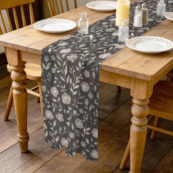 White Floral 10ft Cheesecloth Table Runner for Wedding 27"x120", Small Flower Leaf Botanical Muted Gray Linen Texture Kitchen Dinner Sheer Tulle Chiffon Dresser Scarf, Holiday Party Decorations