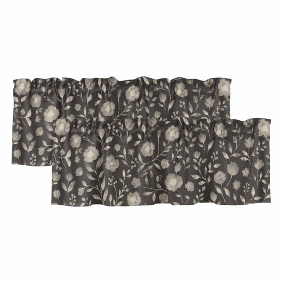 White Floral 2 Panels Kitchen Valance, Small Flower Leaf Botanical Muted Gray Linen Texture Curtains Valances for Small Windows Rod Pocket Window Treatments for Living Room Bedroom 54" W x 18" L