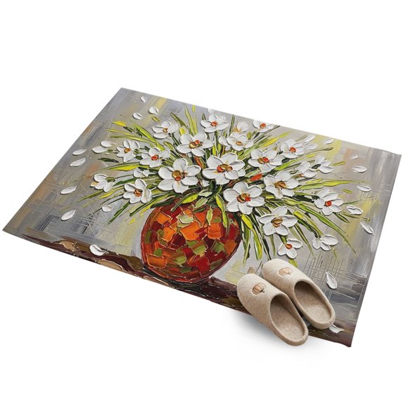 White Floral 2'x3' Small Rugs for Entryway Front Door Kitchen Sink Area, Dark Orange Vase Oil Painting Textured Flower Leaf Soft Sturdy Mats Washable Non Slip Rectangle Area Rug