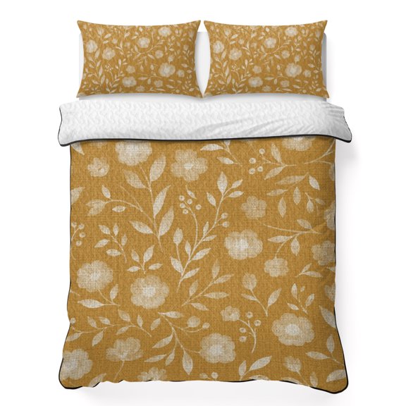 White Floral 3 Piece Quilt Bedding Set with 2 Pillow Shams, Small Flower Leaf Botanical Amber Yellow Linen Texture Lightweight Bedspread Coverlet, Soft Breathable All Season Quilt, 90 x 96 Inch