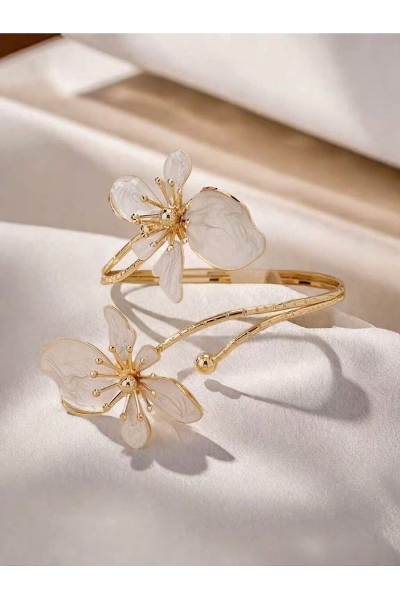 White Floral 3D Adjustable Cuff Bangle With Opal-Like Petals And Goldtone Metal