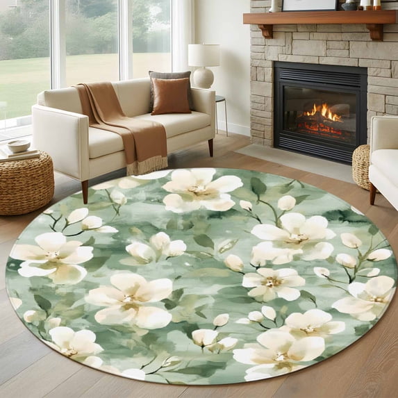 White Floral 6FT Round Area Rugs for Living Room 111 Watercolor Flower Sage Green Background Ultra-Thin Non-Slip Round Rugs Machine Washable Low Pile Circle Carpet for Bedroom Kitchen Nursery