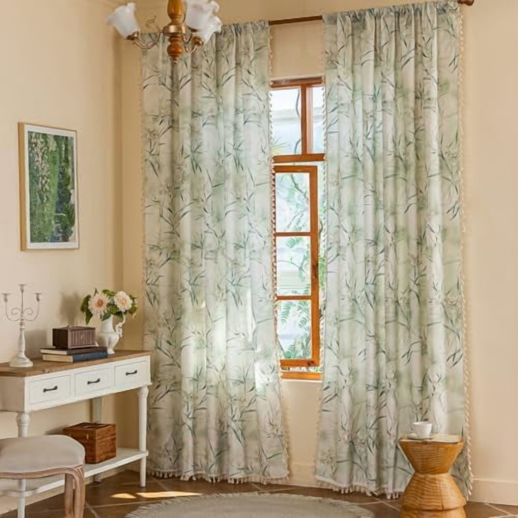 White Floral 84 Inch Curtains 2 Panel Set Bedroom Boho Drapes Semi ...