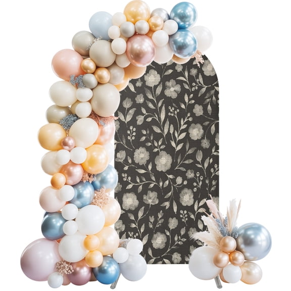 White Floral Arch Backdrop Cover 4 FT, Small Flower Leaf Botanical Muted Gray Linen Texture Wedding Arch Cover Stretchy Backdrop Stands Covers for Birthday Party Ceremony Banquet Decor