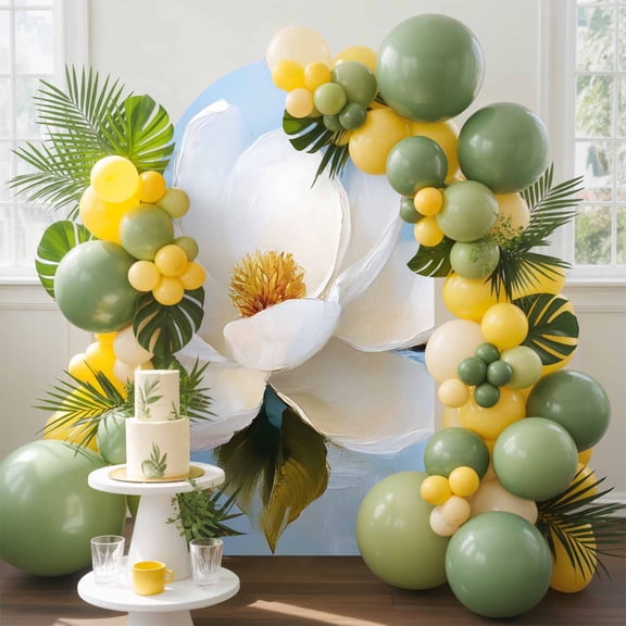 White Floral Arch Backdrop Cover, 7.2FT, Magnolia Leaf Plant Blue Background Spandex Arch Covers Double-Sided Backdrop for Wedding Birthday Party Photo Background Decoration