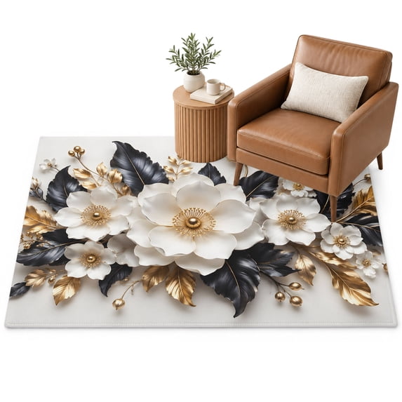 White Floral Area Rug 2.7'x5', Modern Elegant Botanical Flowers Black ...