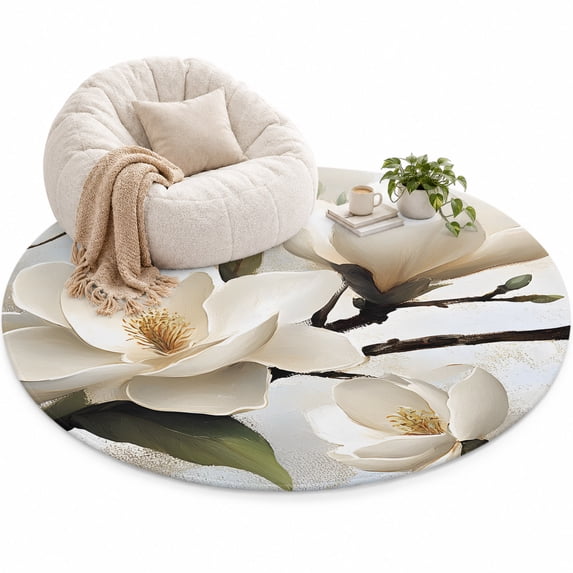 White Floral Area Rug 5', Magnolia Flowers Soft Mat Non-Slip Silicone ...