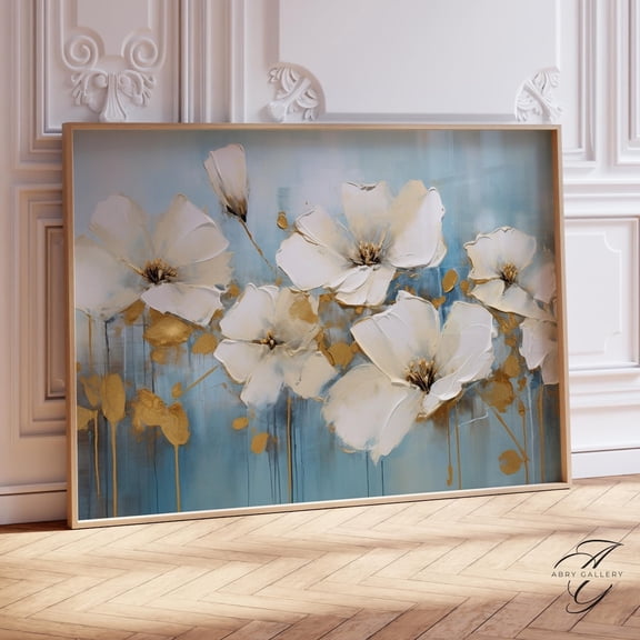 White Floral Art Poster: Abstract Flower With Gold Accents, Stretched Canvas Size 8x12