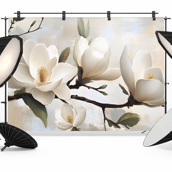 White Floral Backdrop for Photography, Magnolia Flowers Retro Leaf Branch Photo Backdrop Portrait Background Party Banner Photo Backgrounds for Studio Booth Props, 7x5ft