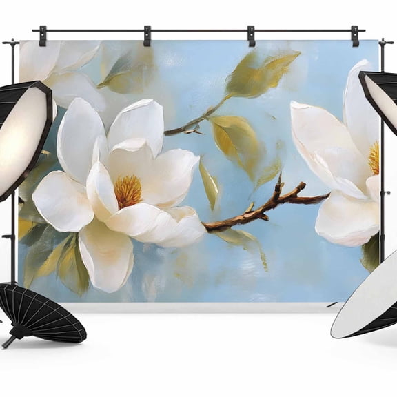 White Floral Backdrop for Photography, Magnolia Leaf Plant Blue Background Photo Backdrop Portrait Background Party Banner Photo Backgrounds for Studio Booth Props, 7x5ft
