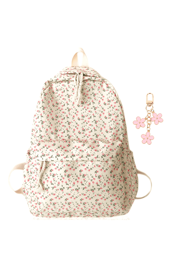 White Floral Backpack with Woven Rope Design & Flower Keychain – Perfect for Everyday Commuting, Sports, and Travel