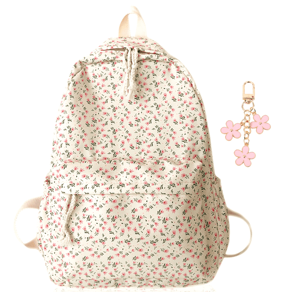 White Floral Backpack with Woven Rope Design & Flower Keychain Perfect for Everyday Commuting, Sports, and Travel